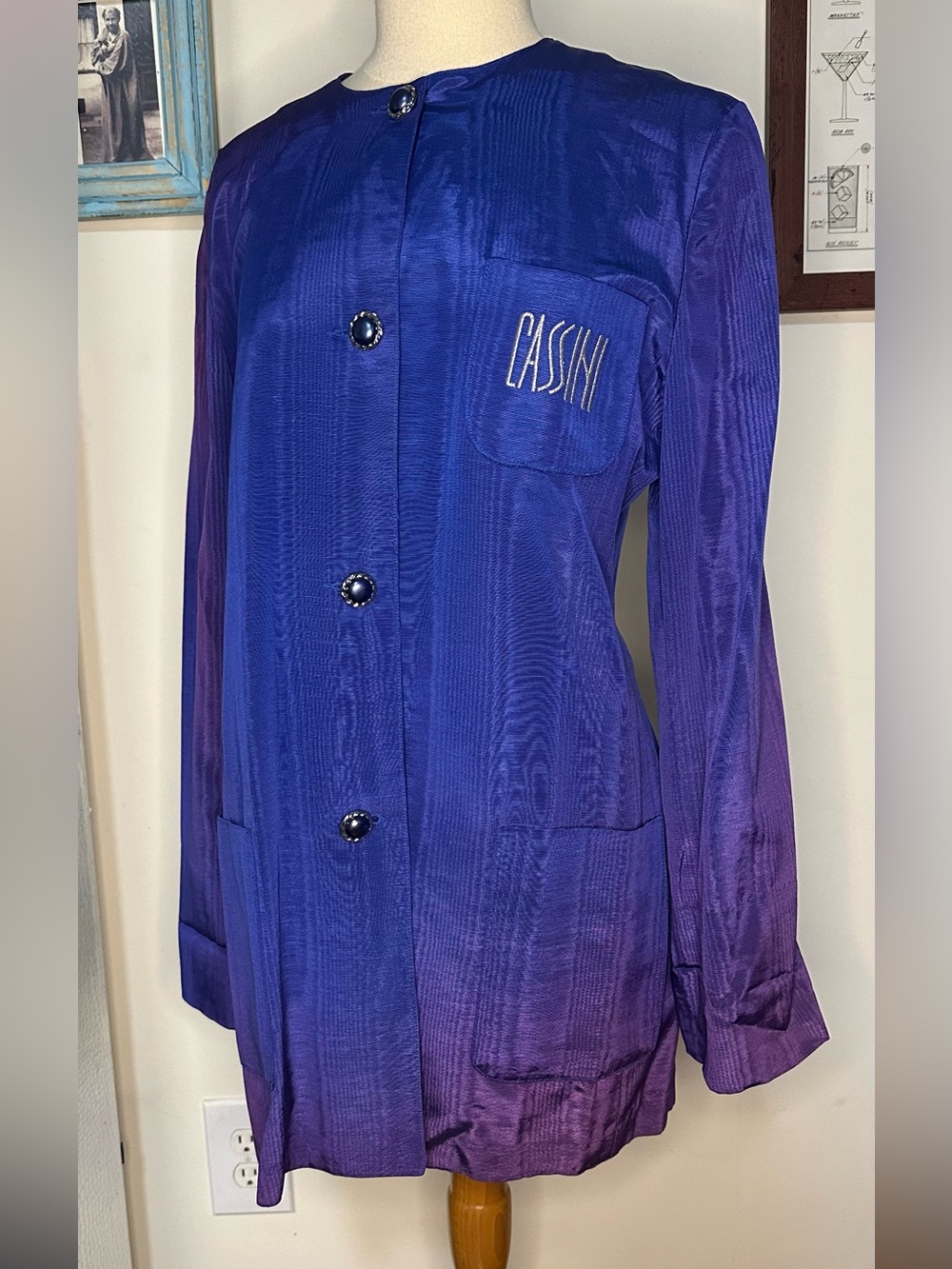 Oleg Cassini Vintage Blue to Purple Ombre Long Blazer with Logo 80s 90s Style
